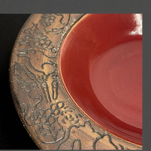 VTG Studio Art Pottery Rabbit Bowl 12” Oxblood Turquoise Hand Painted Signed CS - Picture 3 of 8